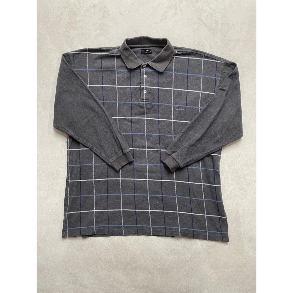 Pierre Cardin Mens Gray Grid Long Sleeve Polo Shirt Large Cotton Blend Pique